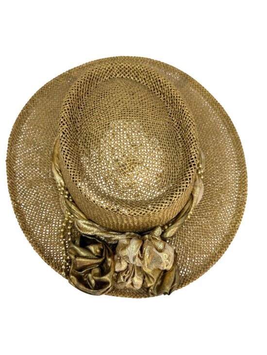 Vintage Gold Woven Straw Hat Statement Wide Brim Beaded Band USA Made 1980s main image 10
